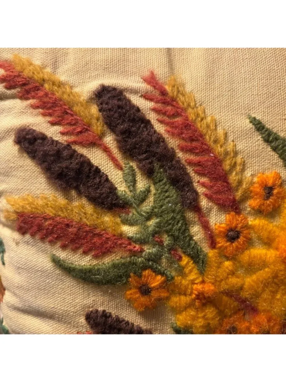 Vintage Handmade Crewel Embroidered Floral Pillow With Yellow & Rust Tones 12